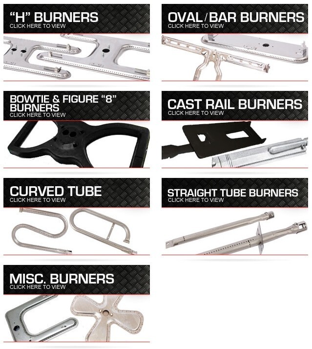 Gas grill burner styles include H, oval, rail, and tube