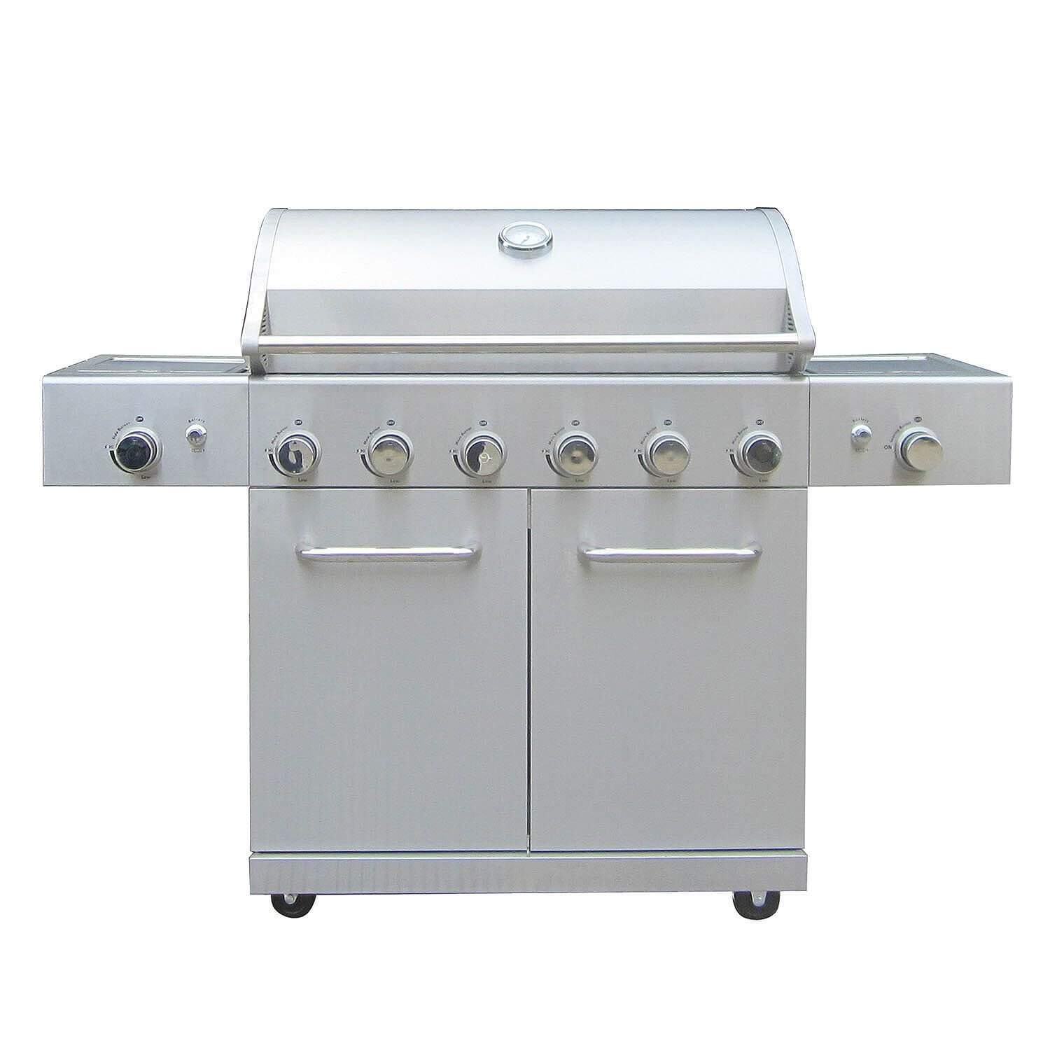 Stainless Steel Member's Mark Stand Alone Grill with 8 Knobs, 2 Side Burners and Cabinet Doors.