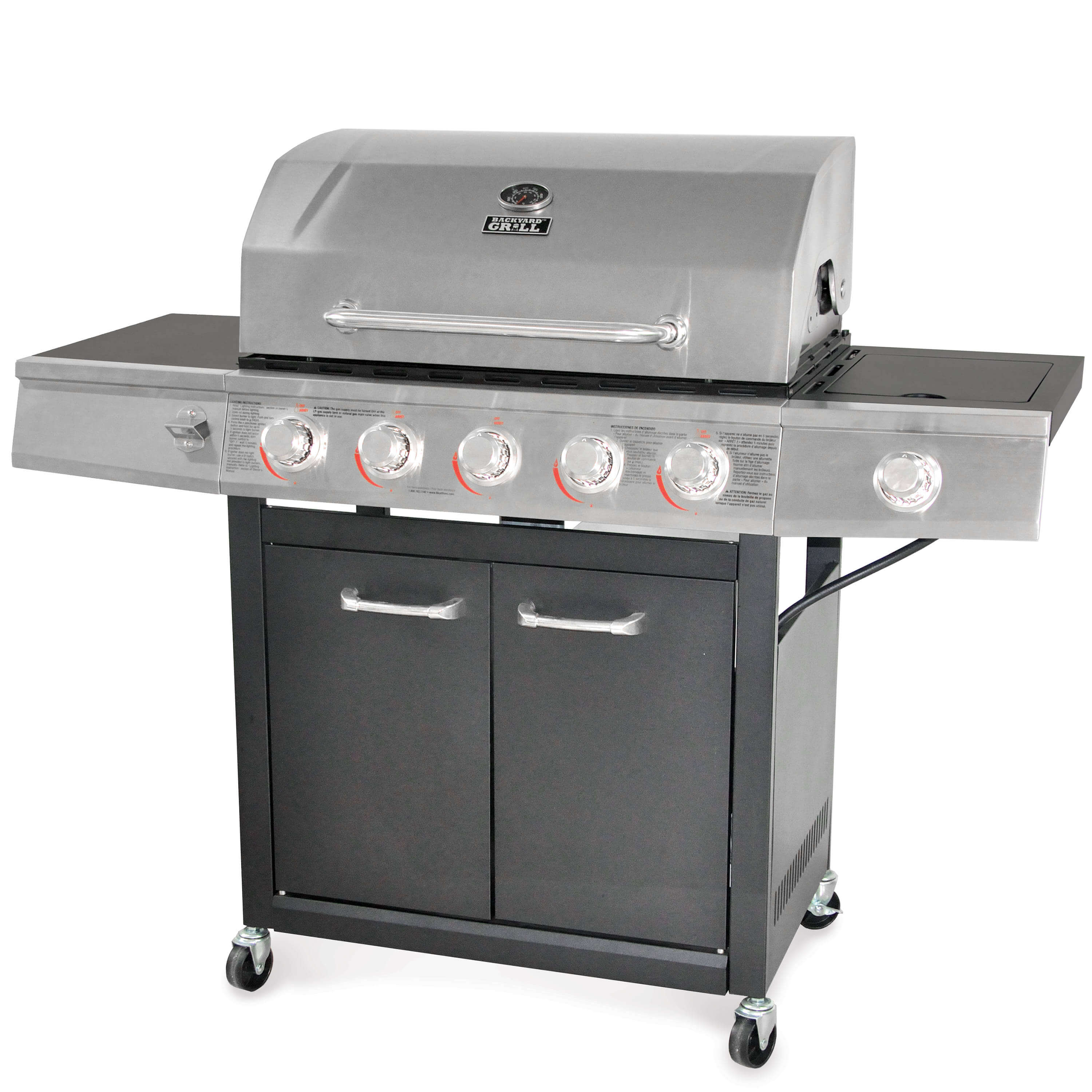 Outdoor Backyard Grill with Stainless Steel Head and Black Cabinet Doors. Grill has 5 Main Control Knobs and 1 Side Burner Knob.